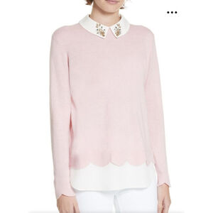 TED BAKER Suzaine Pink & White Embellished Collar Scalloped Hem Sweater Size 6 S